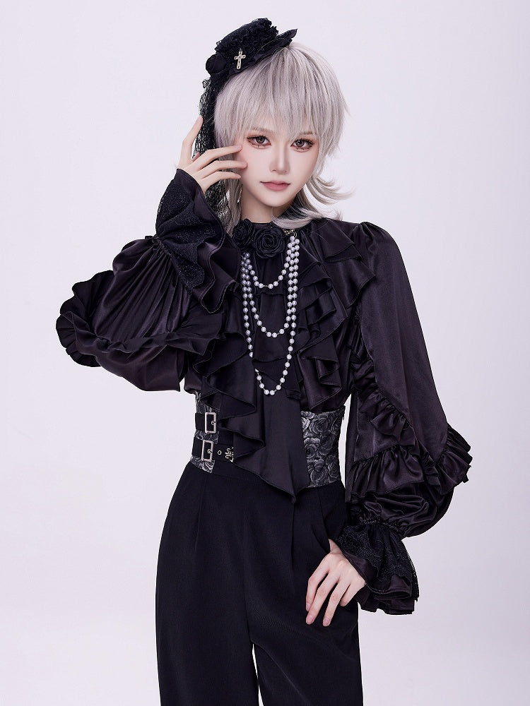 All-Black Ruffled Bodice Shirt with Flounce Trim and Long Sleeves - DevilInspired Exclusive Collection