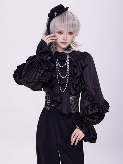 All-Black Ruffled Bodice Shirt with Flounce Trim and Long Sleeves - DevilInspired Exclusive Collection