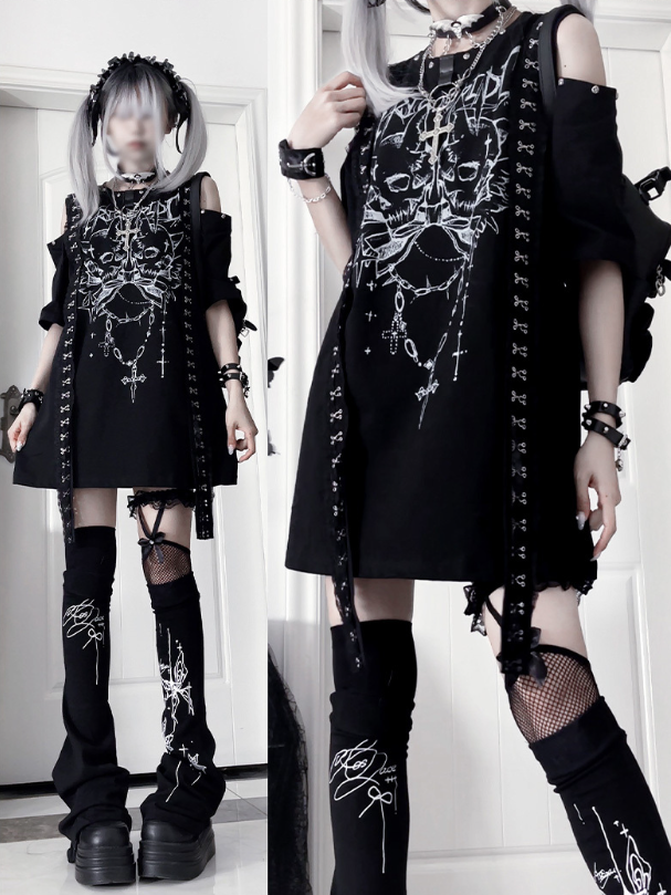 PrintCutout Punk T-shirtwith Emo Cross Black White Design Gothic Shoulder