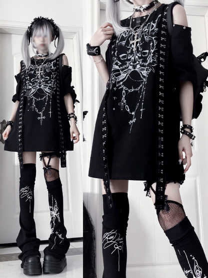 PrintCutout Punk T-shirtwith Emo Cross Black White Design Gothic Shoulder