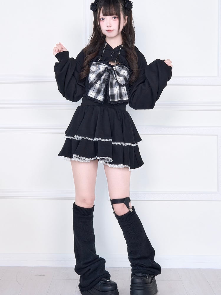Kei Bust Black Open Subculture Jirai Short Hoodie Set: Bow Tank Big Plaid Two-Piece