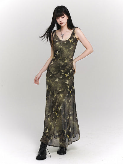 Tie-Strap Adjustable Print with Slip Green Butterfly Dress Ankle-Length Gothic