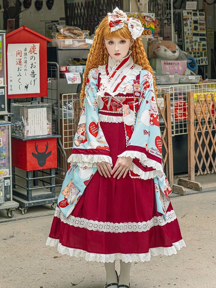 Wa Print + Bear Top Crossover Lace Dress Design Lolita Set Blue JSK Trimmed Red