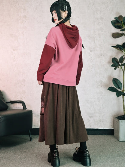 Chinese Pockets Cargo Skirt - Leaf Brown Motif with Embroidery Style