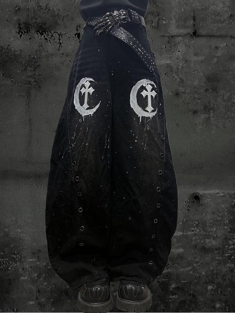 Punk Jeans Moon Detail Rock Wide-leg - with Eyelet Pattern Patch Design Distressed Cross Black