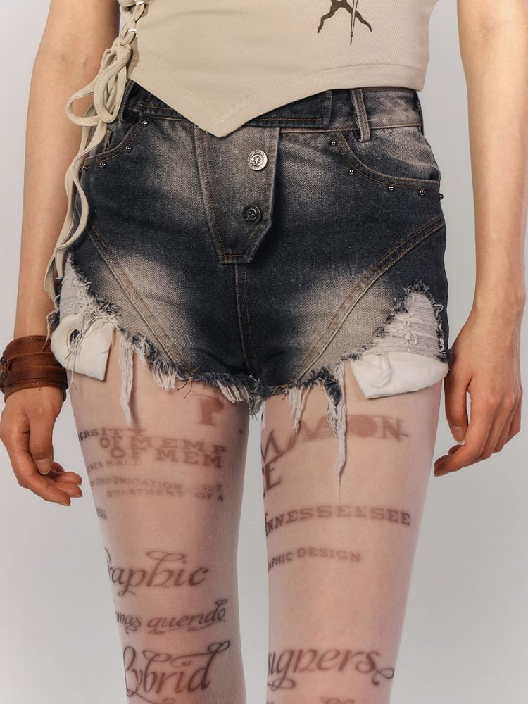 with Hem Denim Studded Distressed Black Shorts Punk Accents Raw