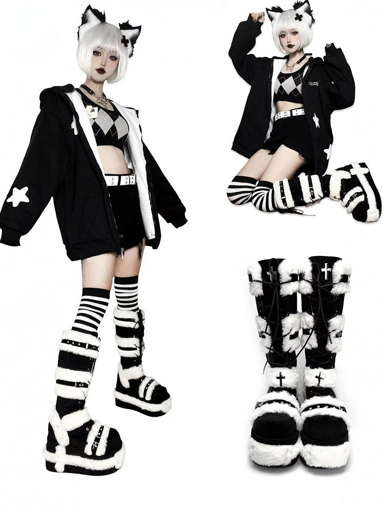 Y2K Details Dual Studded Cross Knee-High Platform Closure Accents Boots 9cm Black with -