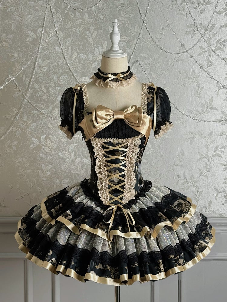 Print Puff Kurzes Goldkleid Korsett Bunny Lolita und schwarze Kitty-Ärmel