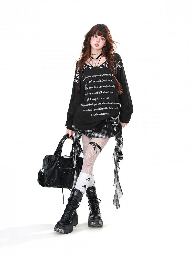 Schwarz/Weiß/Blau Halbtransparenter lockerer Hoodie mit V-Ausschnitt und Buchstaben