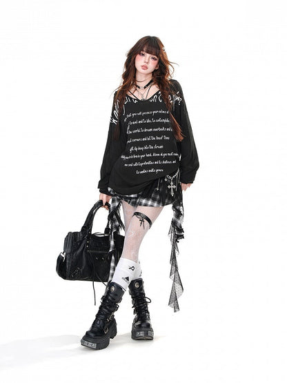 Schwarz/Weiß/Blau Halbtransparenter lockerer Hoodie mit V-Ausschnitt und Buchstaben