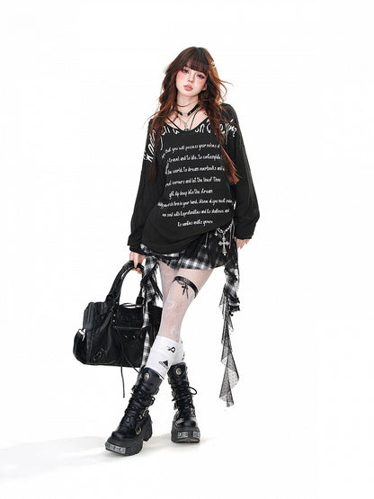 Hoodie V-Ausschnitt Schwarz/Weiß/Blau Buchstabendruck Locker Halbtransparent