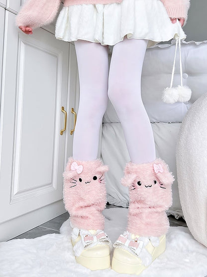Plush White/Pink/Yellow Kitty Design Cute Leg Warmers