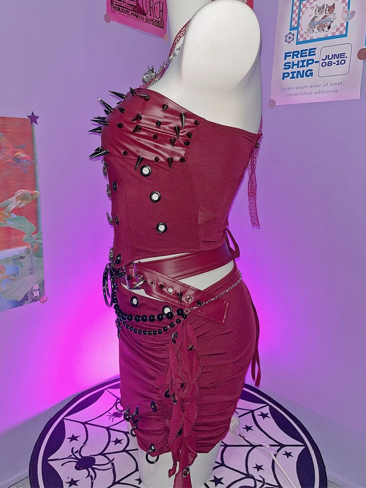 Top + Punk-Nieten-Mini-Set-Rock Rot