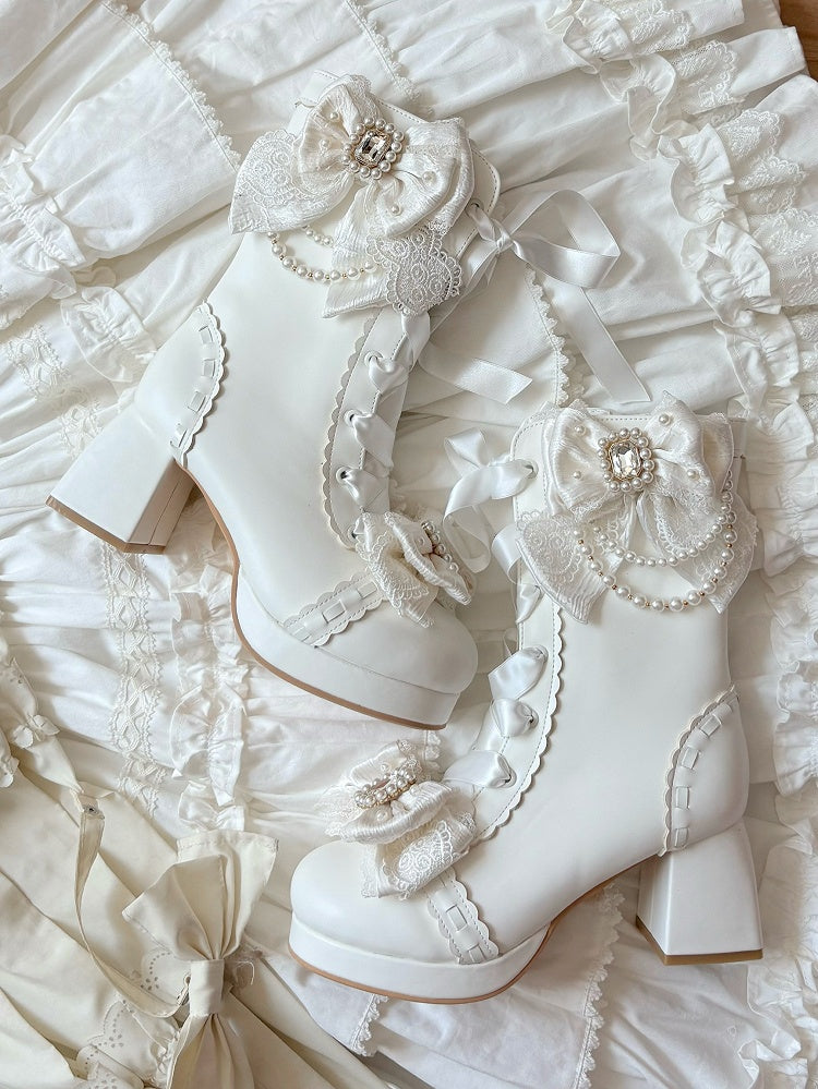 White Sweet Lolita Boots with Elegant Lacing - Sheep Puff