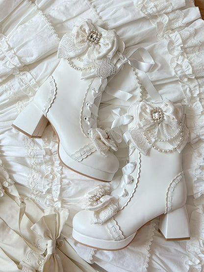White Sweet Lolita Boots with Elegant Lacing - Sheep Puff