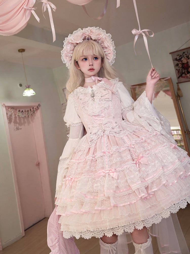 Kleid und Taillen-Lagenpullover abnehmbar mit Hanayome Pink Bows Ausschnitt Rock Lolita Hime auf