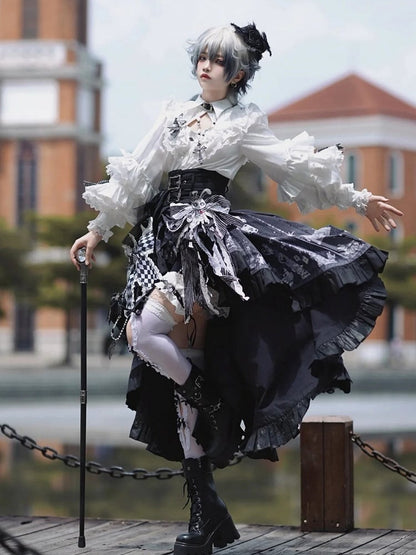 Lolita High-low Skirt Outfit Vibes Black Belt Ouji Shorts Circus Print + Shirt Bunny Corset - White