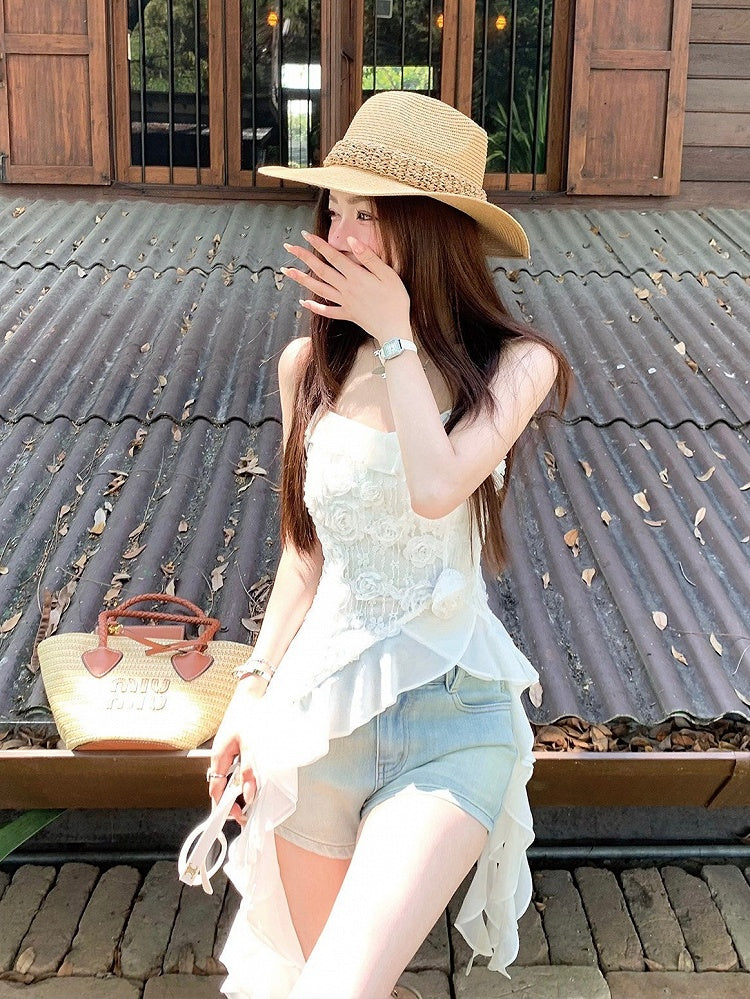 White Holiday Asymmetrical Ruffle Hem Top - Qchiwawameme
