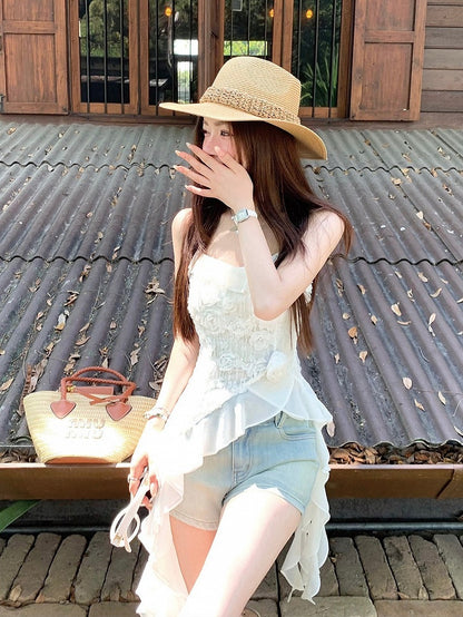White Holiday Asymmetrical Ruffle Hem Top - Qchiwawameme