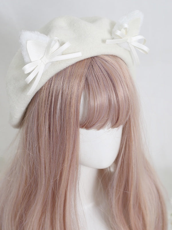 Colors Lolita Cute Off-white 11 Beret With Kitty Bowknot Ears