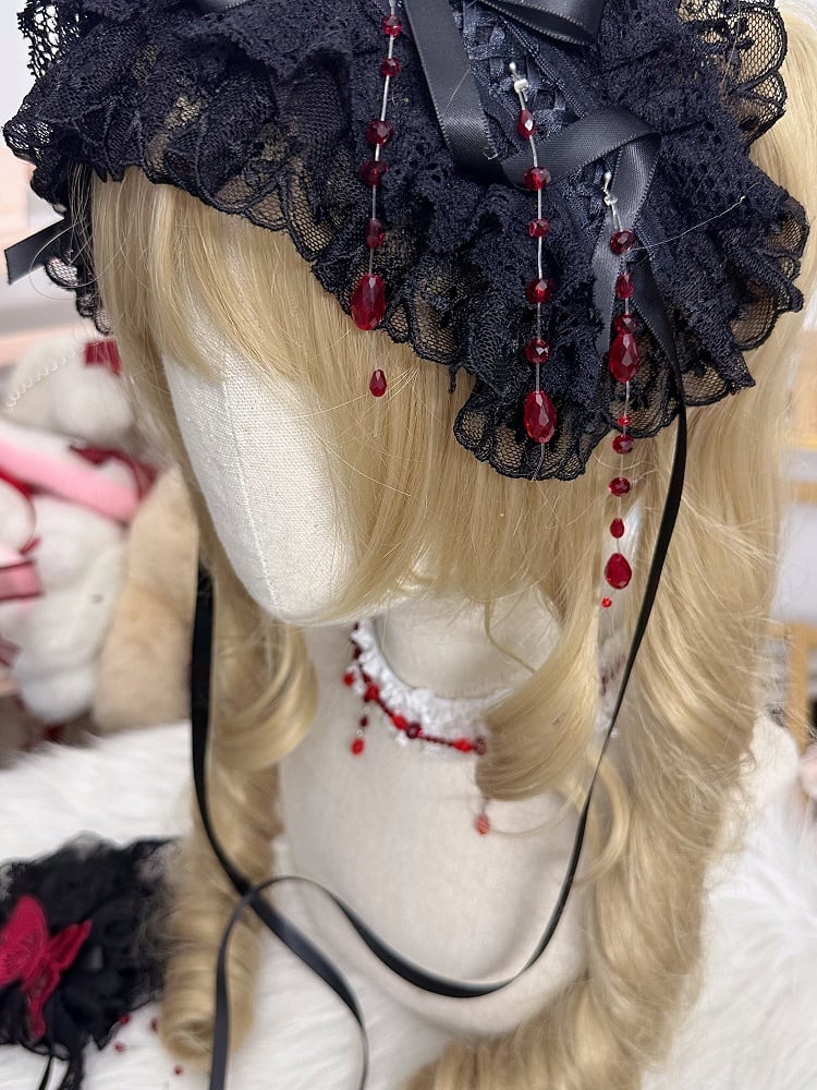 Red Ribbon Bow Bead Hairband Black Lace With Charms