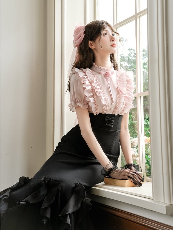 Meerjungfrau-Lolita- und Stäbchen-Design, elegantes Kleid, rosa Taillenbluse, zwei falsche schwarze Röcke