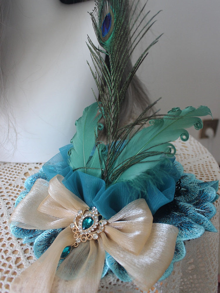 Mini Rhinestone Blue Decorated Bowknot Version Peacock Hat Design Feather Gorgeous