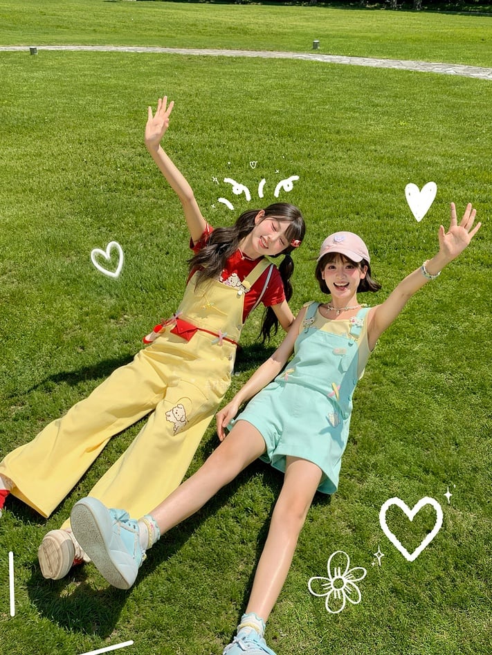 Cut Cartoon Puppy Embroidery Straight-leg Yellow Overall Pants