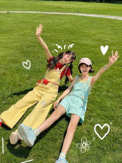 Cut Cartoon Puppy Embroidery Straight-leg Yellow Overall Pants