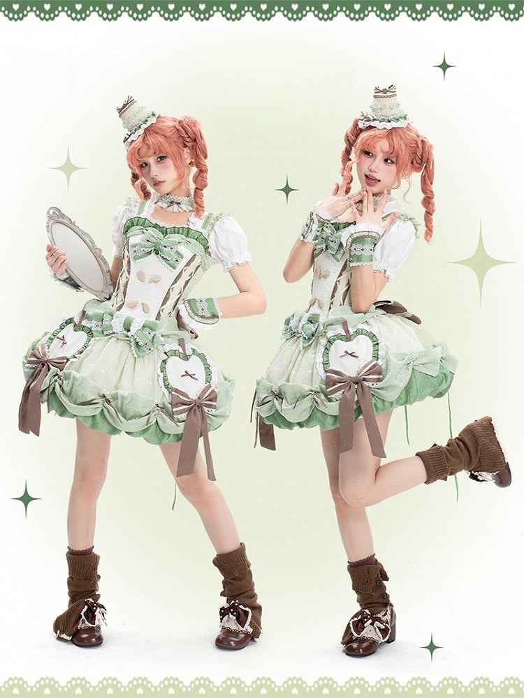 Stäbchenrock, Pullover, Bubble-Mieder, Korsett, Lolita-Applikation, Apfel, süßes Grün