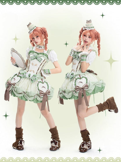 Stäbchenrock, Pullover, Bubble-Mieder, Korsett, Lolita-Applikation, Apfel, süßes Grün