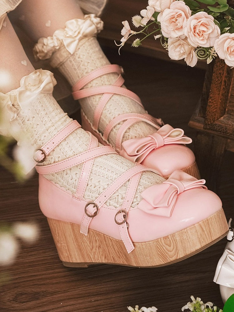 Bow Wedge Lolita Top Pink Design - at Crisscross Sweet PU Platforms