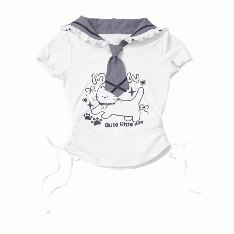 Side Armwear Free Ears with T-shirt Kitty Design Sailor Collar White Drawstring