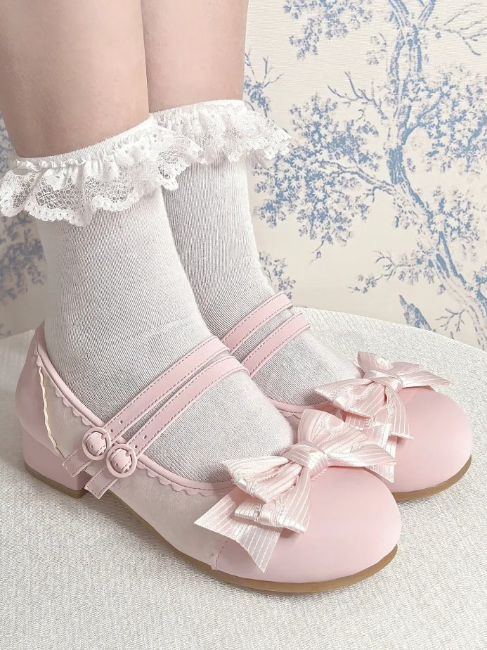 Round Pink Shoes Leather Double Buckle Style Bow for PU with Elegant Design Toe - Lolita