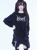 Long-Sleeve Paneled Design Printed T-Shirt Jirai Black Kei