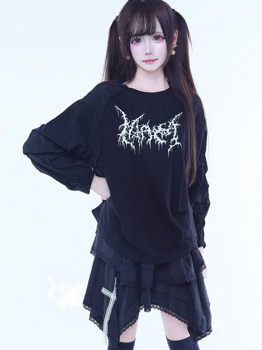 Long-Sleeve Paneled Design Printed T-Shirt Jirai Black Kei