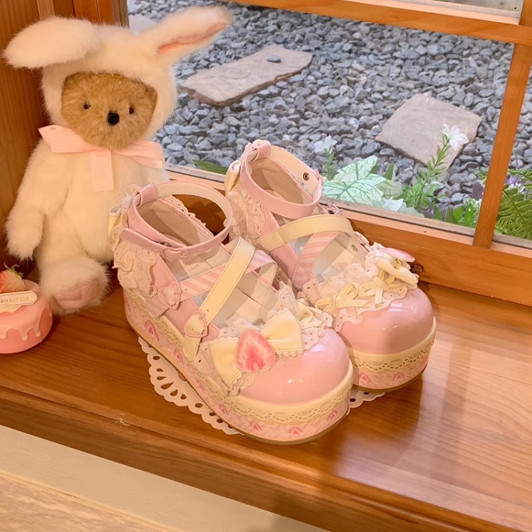 Strawberry Shoes Sweet Lolita Pink Cake Jane Mary Platform Cheese