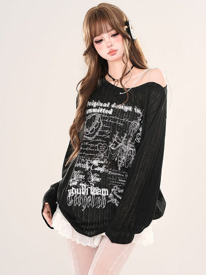 Schwarz/weißes, locker sitzendes, bedrucktes Oberteil mit asymmetrischem Ausschnitt