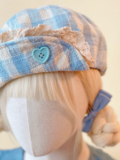 Heart-Shaped Button Hat Lace Blue Beret with Trim Plaid White