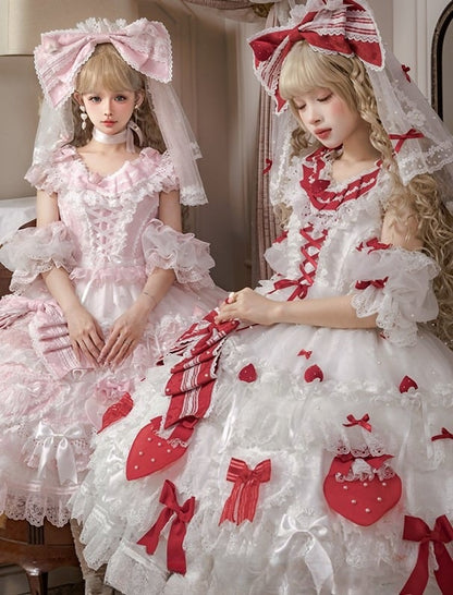 Red and Accents Lace Ruffles with Dress Lolita White Sweet Bow Layered