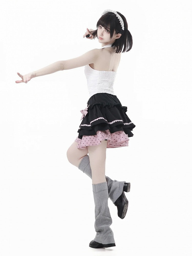 Tiered Skirt with Detachable Bows Black and Pink Polka-dot Pattern