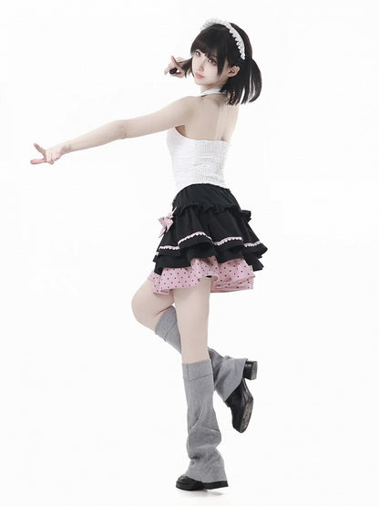 Tiered Skirt with Detachable Bows Black and Pink Polka-dot Pattern