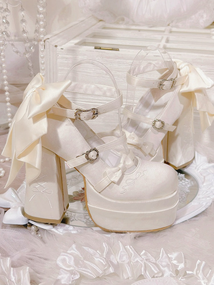 メアリーロリータ プラットフォーム ボウノット エレガント ジェーンズ ハイヒール ホワイト クラシック