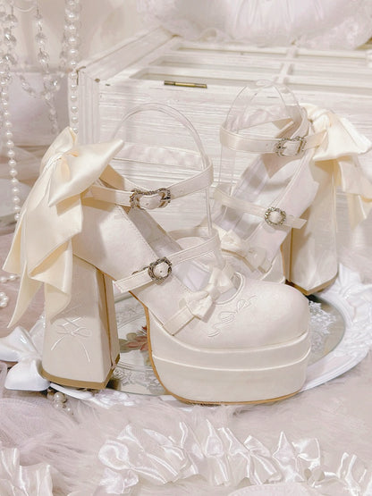 メアリーロリータ プラットフォーム ボウノット エレガント ジェーンズ ハイヒール ホワイト クラシック