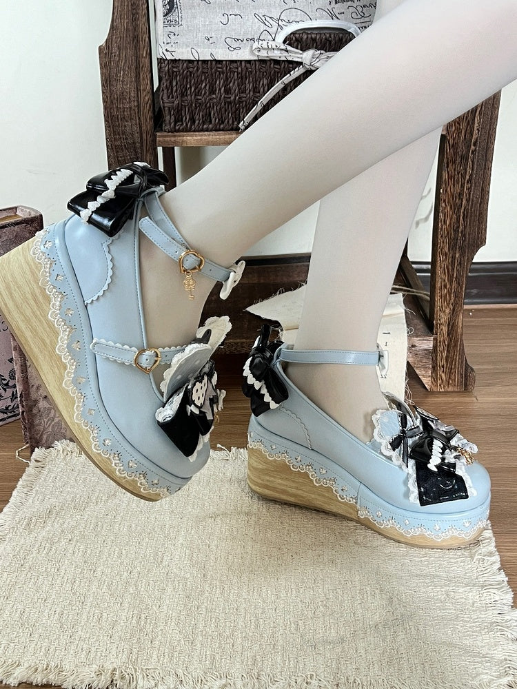 Kawaii Lolita Black & Blue Round Toe Platform Shoes with Rabbit Ear Detail - Cheese Mango