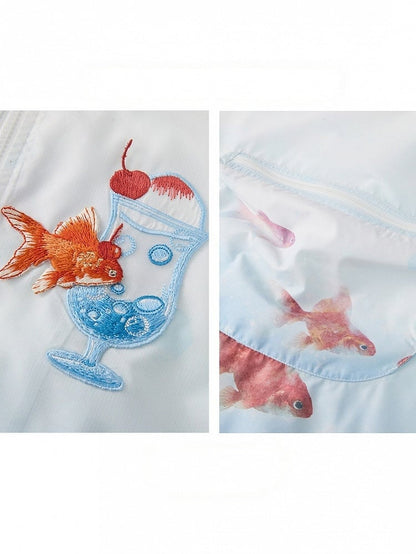 Goldfish Print Hooded Jacket and Wide Leg Pants Set - Zao Jing Ji