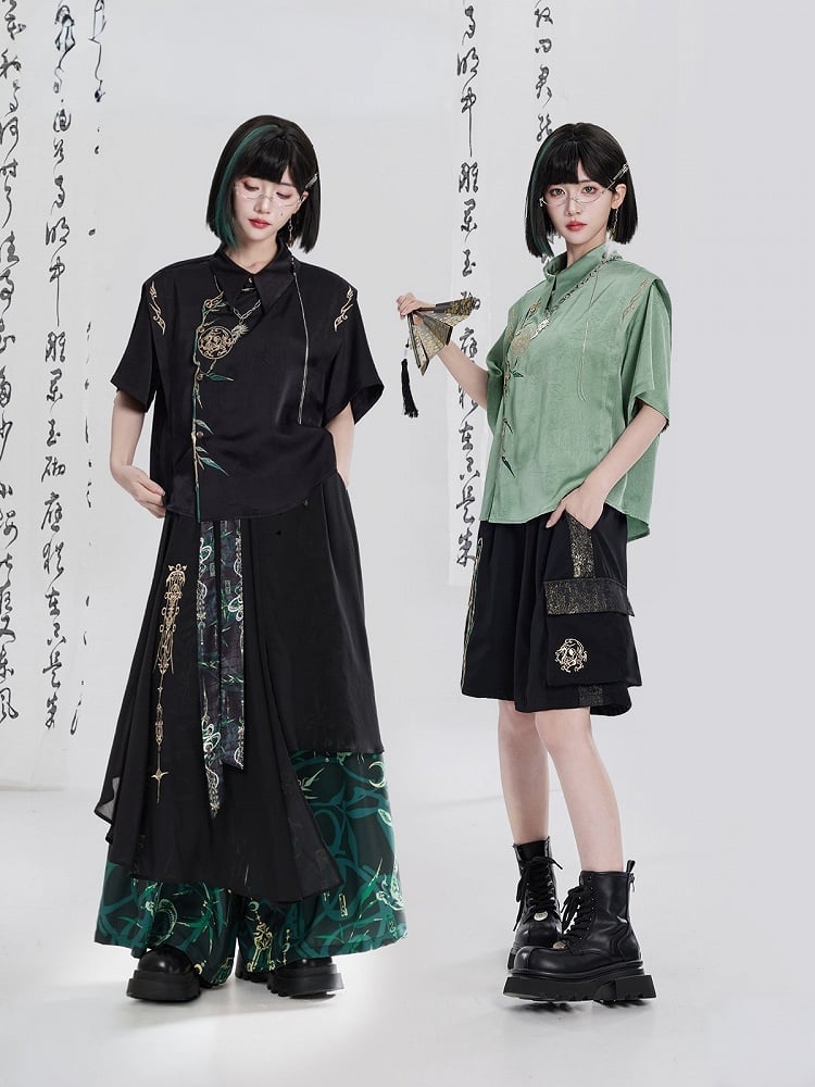 Green Chinese Embroidery Asymmetrical Short-Sleeve Shirt - Qing Tang Original