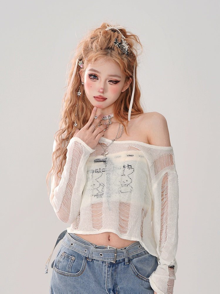 Cropped Beige Knit Top with Intricate Distressed Asymmetrical Holes
