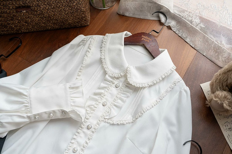 White Rounded Flat Collar Long Sleeves Shirt