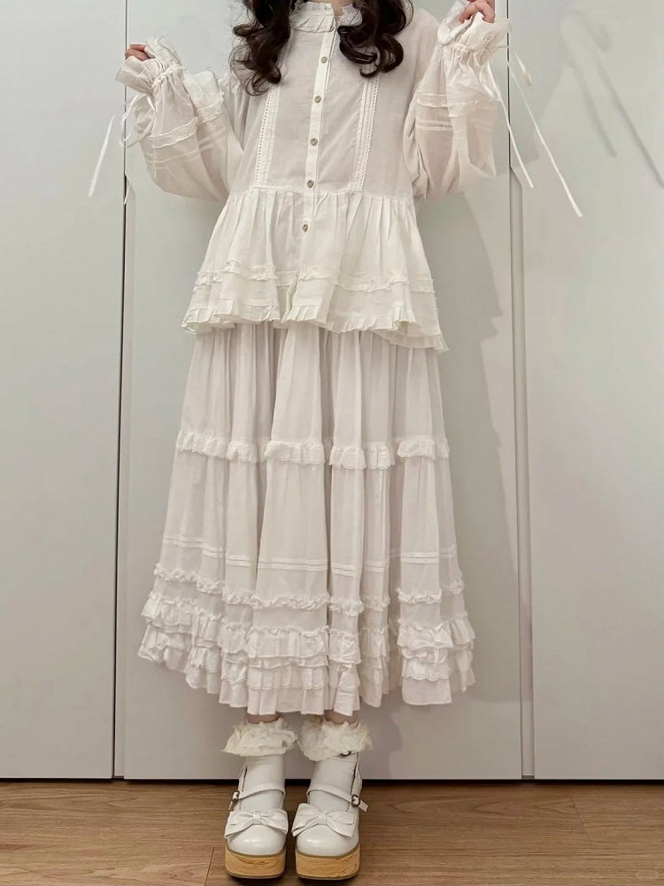 Elegant Cotton Multi-Layer Lolita Skirt White Ruffled Loose Hem